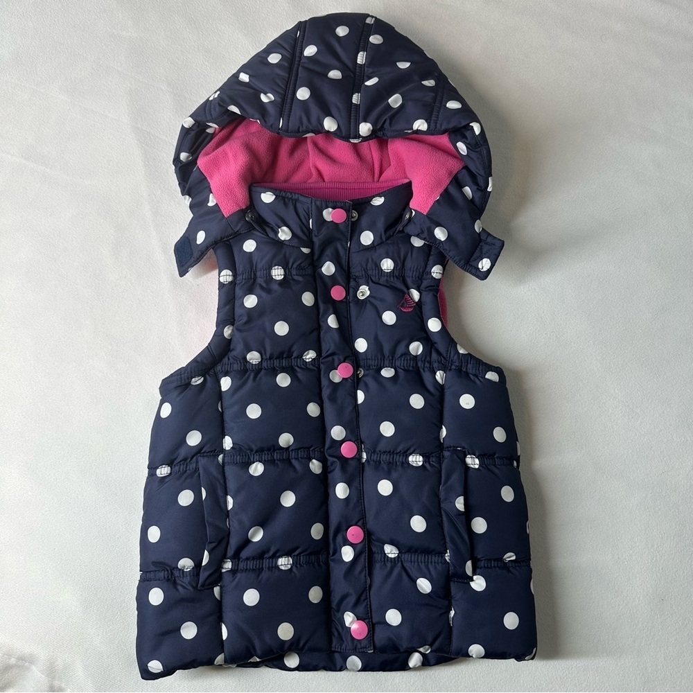JoJo Maman Bébé Navy Polka Dot Puffer Vest 3Y Detachable Hood Fleece Lined